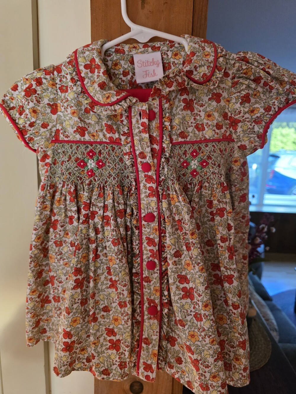 Girls' Floral Smocked Cotton Pant Set - Red & Cream